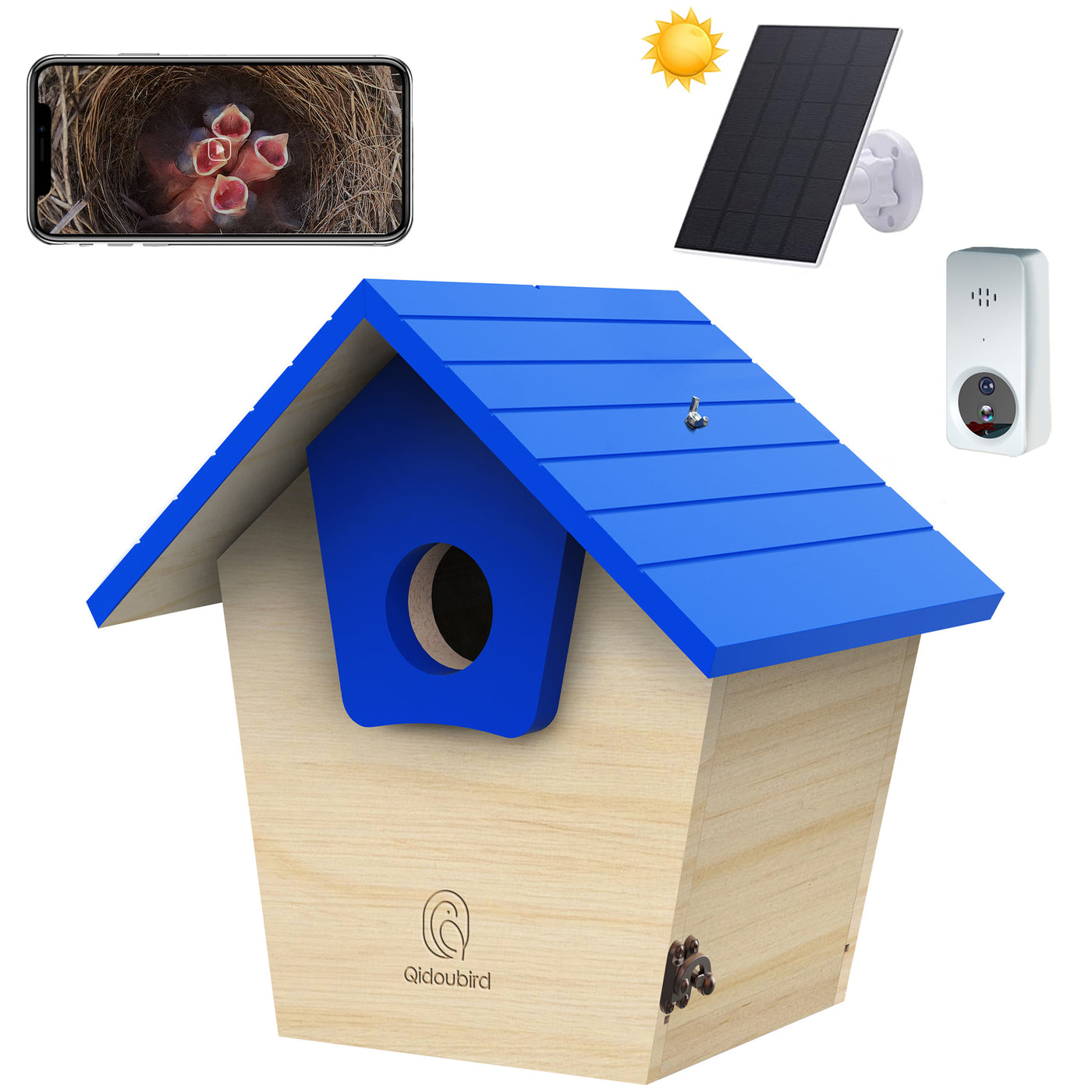 wooden bird house with solar powered AI camera