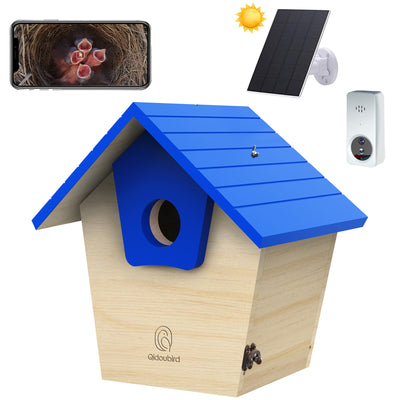 wooden bird house with solar powered AI camera